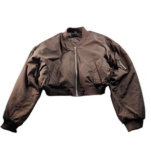 H&M Cropped Bomber Jacket Womens L Chocolate Utility Pocket Long Sleeve Full Zip